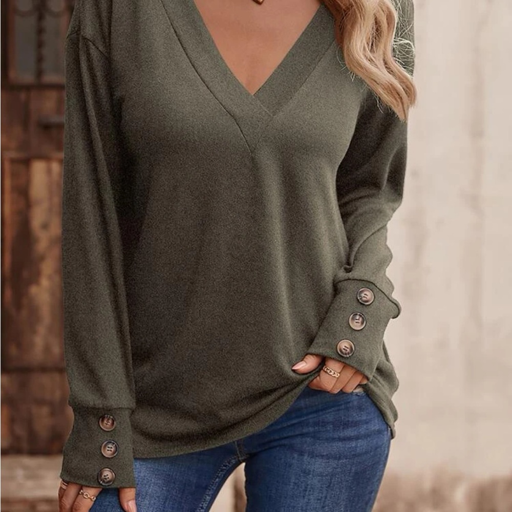 V-Neck Drop Shoulder Button Detail Tee